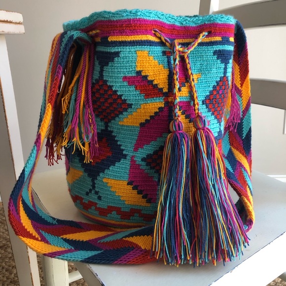 Wayuu Tribe Handbags - New: Wayuu Mochila Tasseled Cotton Drawstring Bucket Bag